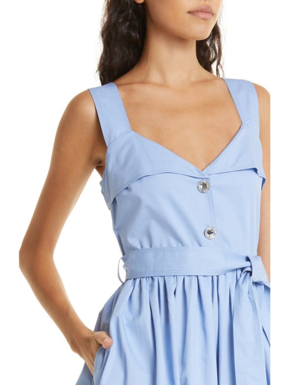🆕 STINE GOYA Stina Belted Midi Dress Rhinestone Buttons Cotton Blue Medium - Picture 4 of 11